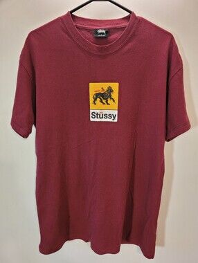 Vintage Y2k Stussy Faded Spell Out Lions Crest Box Logo Burgundy T-Shirt - S